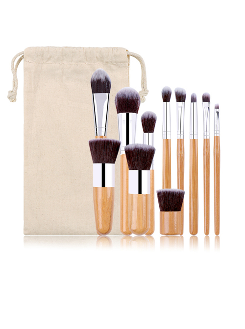 11 Bamboo Handle Makeup Brushes Linen Bag Set  |  Tools & Brushes