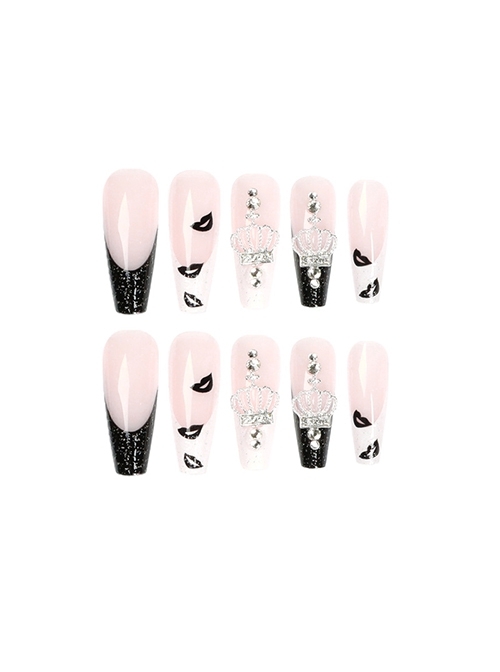 Abstract Series Black-White Lip Print Crown Rhinestone Finished Disposable Manicure Nail Piece  |  Nails