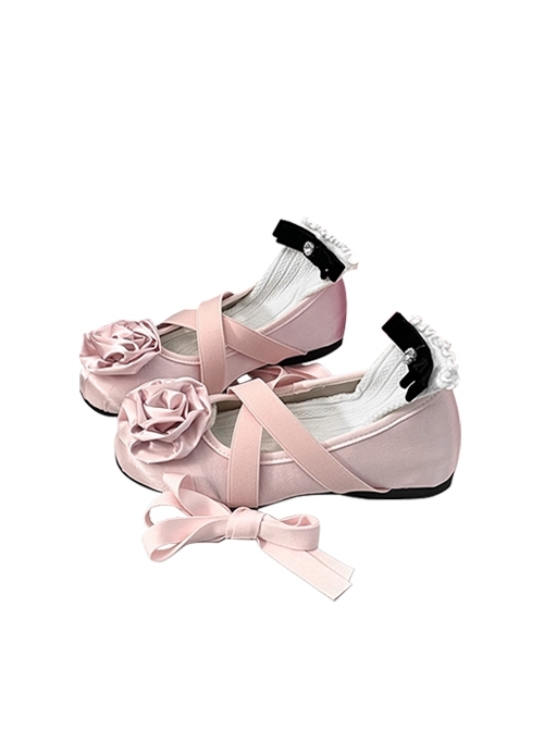 Aesthetic Fabric Rose Ballet Style Retro Rome Sweet Lolita Cross Straps Shallow Mouth Flat Shoes  |  Lolita Shoes