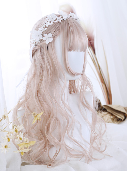 Air-bangs Hime Cut Light Pink Long Curly Hair Lolita Wig  |  Wigs