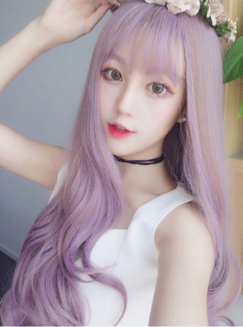 Air Bangs Long Taro Purple Curly Hair Lolita Wig  |  Wigs