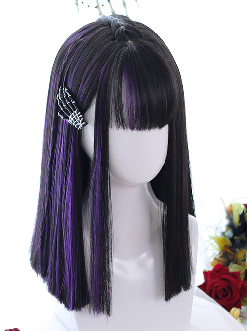 Air bangs Medium-length Hair Purple Highlights Gothic Lolita Black Wigs  |  Wigs