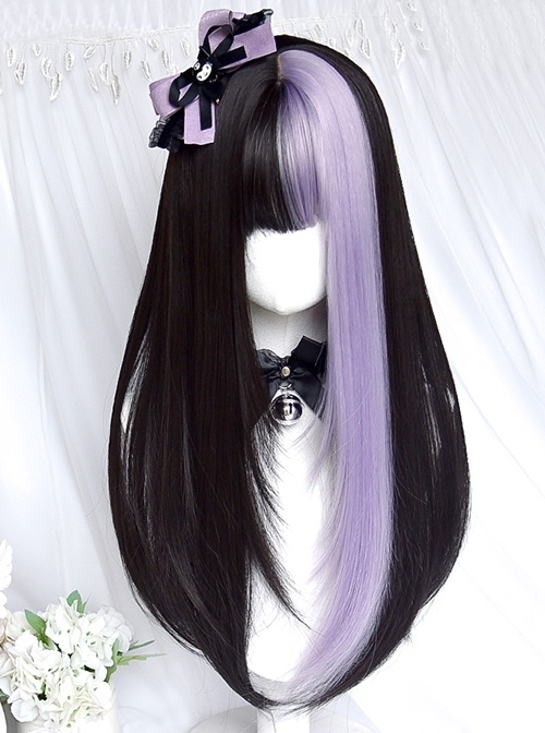 Aku Series Black Purple Color Matching Fashion Little Idol Long Straight Hair Classic Lolita Wig  |  Wigs