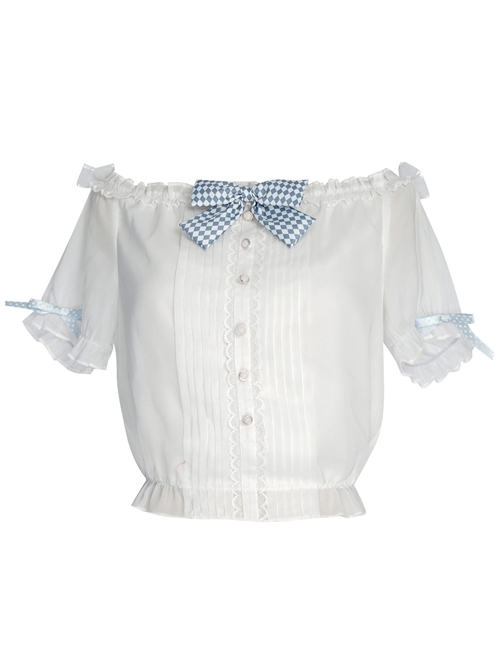 Alice Bunny Series White Off Shoulder Bowknot Sweet Lolita Short Sleeve Shirt  |  Blouses