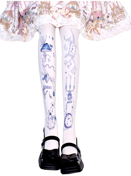 Alice In Sleepwalking Theme Pattern Printing Cute Girl Lolita White Pantyhose  |  Lolita Socks