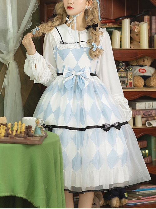 Alice Series OP Blue And White Diamond Shape Design Pleated Square Neck Bunny Ear Decoration Classic Lolita Long Sleeve Dress  |  Classic Lolita Dresses