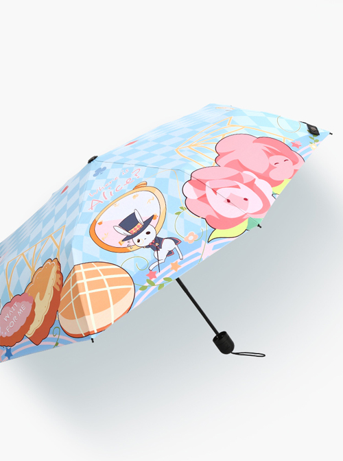 Alice Theme Printing Sweet Lolita Blue Folding Umbrella  |  Lolita Umbrellas