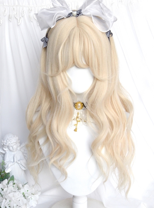 Alice’s Cat Series Sweet Lolita White-Golden Air Bangs Long Curly Hair Wig  |  Wigs