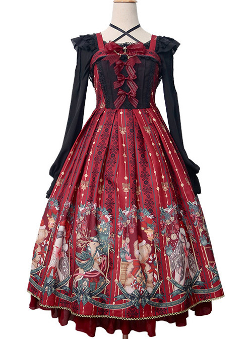 Alice’s Christmas Series JSK Classic Lolita Wine Red Sling Dress  |  Classic Lolita Dresses