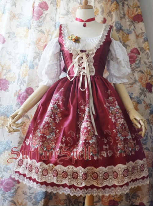 Alpen Rose Ethnic Style High Waist Fish-bone Light Wine Red Lolita Skirt  |  Skirts