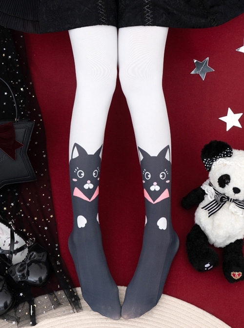 Animal Rhapsody Series Black White Cat Velvet Print Spring Autumn Daily Classic Lolita Pantyhose  |  Lolita Socks