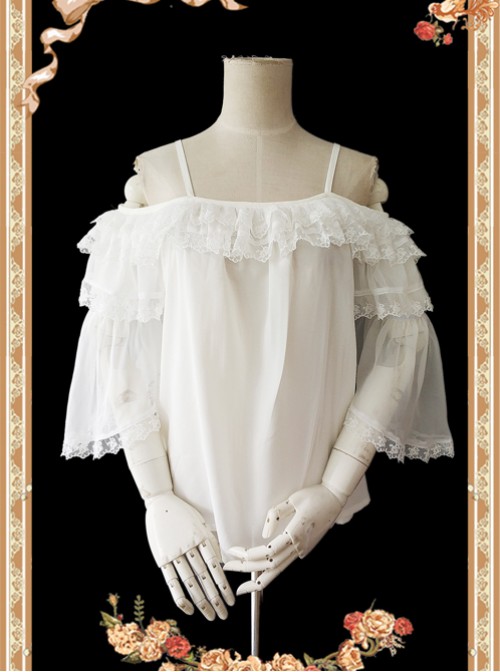 Antique Dress Shop Series White Trumpet Sleeve Off Shoulder Classic Lolita Shirt  |  Blouses