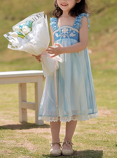 Antique Pearl Lace Thin Short Sleeve Light Blue Tassel Pendant Sweet Lolita Kid Sling Dress Set  |  Kids Dresses