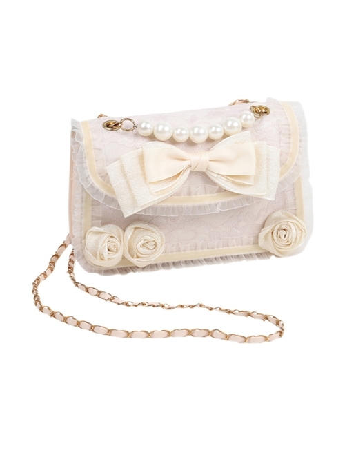 Apricot Big Bowknot Flower Shape Ruffle Lace Pearl Decoration Sweet Lolita Messenger Bag  |  Lolita Bags