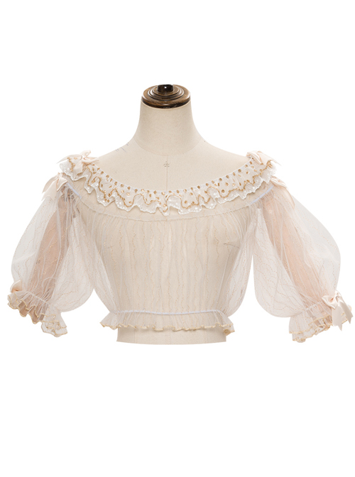 Apricot Chiffon Lace Ruffle Collar Classic Lolita Short Sleeve Shirt  |  Blouses