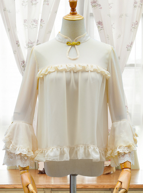 Apricot Chiffon Ruffle Chinese Style Small Stand Collar Classic Lolita Shirt  |  Blouses