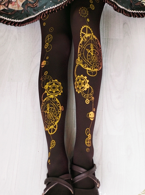 Astrology Clock Series High Stretch Velvet Clock Gear Foil Stamping Print Classic Lolita Pantyhose  |  Lolita Socks