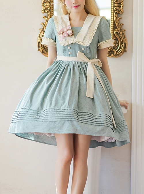 August Night Series Pure Color OP Sailor Collar Lace Cuff Classic Lolita Short Sleeve Dress Set  |  Classic Lolita Dresses