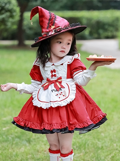 Autumn Round Neck Lace Bow-Knot Decorate Pizza Embroidery Classic Lolita Kids Long Sleeve Dress  |  Kids Dresses