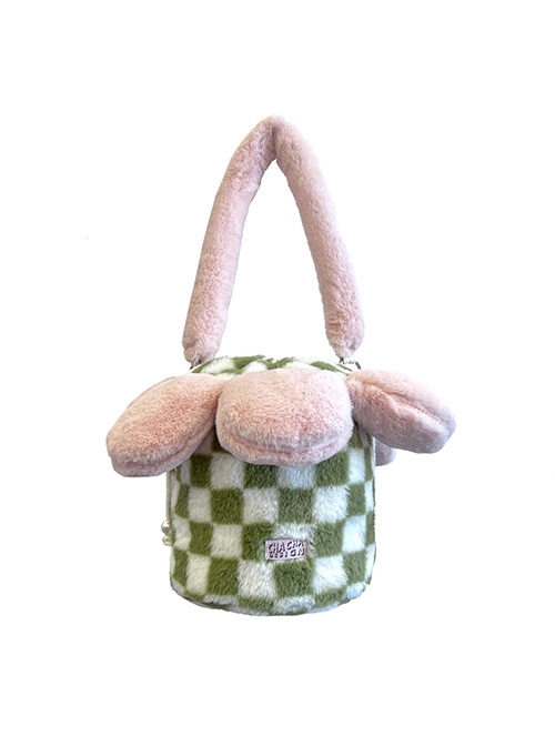 Autumn Winter Cute Plush Green-White Checkerboard Pink Petal Design Drawstring Bucket Bag Sweet Lolita Portable Shoulder Bag  |  Lolita Bags