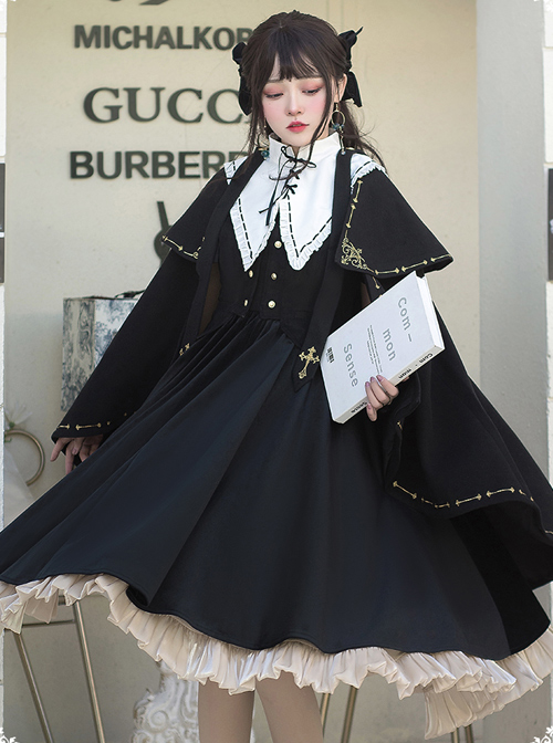 Autumn Winter Golden Embroidery Cloak School Lolita Three-piece Suit  |  Coat & Jacket