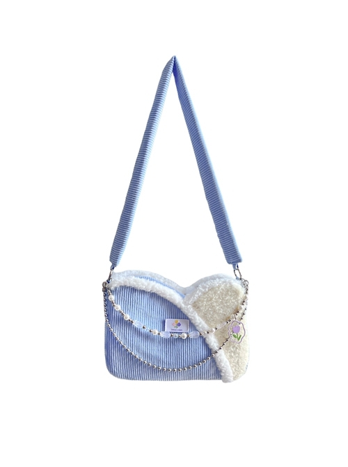 Autumn Winter Light Blue Corduroy Bead Chain Accessories Tulip Stitching Design Sweet Lolita Shoulder Bag  |  Lolita Bags