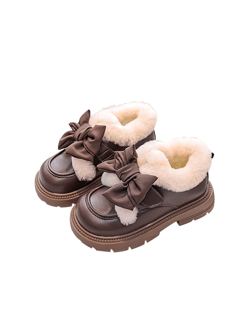 Autumn Winter Plus Velvet Girl Child Ribbon Bowknot College Style Soft Sole Low Heel Leather Short Boots  |  Kids Shoes