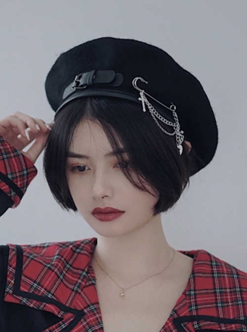 Autumn Winter Warm Handmade Leather Buckle Pin Metal Chain Cool Girl Punk Lolita Beret  |  Lolita Headbands