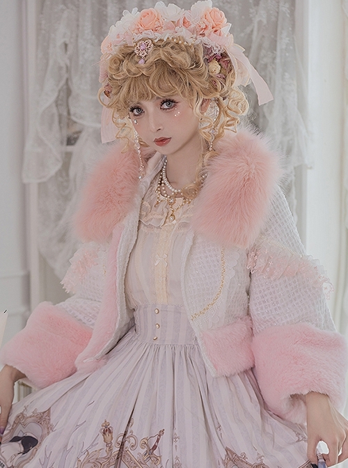 Autumn Winter Warm Thick Pink Fur Collar Lace Trumpet Sleeve Sweet Lolita Long-Sleeved Short Coat  |  Coat & Jacket