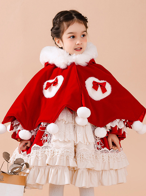 Baby Children Lolita Warm Hooded White Plush Collar Red Cloak  |  Kids Coat