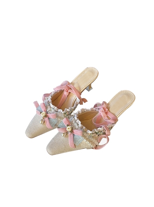 Ballet Style Elegant Lace Pink Velvet Bowknot Rose Classic Lolita Lace Up Sandals  |  Lolita Sandals