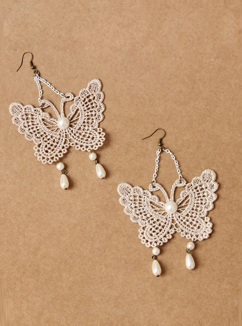 Baroque Palace Style Lace Pearls Butterfly Lolita Earrings  |  Lolita Earrings