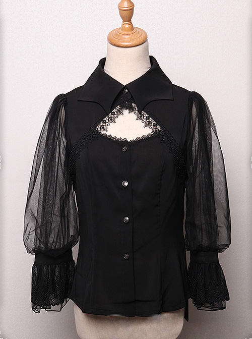 Bat Collar Black Long Sleeve Gothic Lolita Shirt  |  Blouses