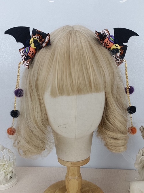 Bat Wing Print Bow Pumpkin Decorative Hairball Pendant Detachable Halloween Gothic Lolita Hair Clip  |  Lolita Hairpins