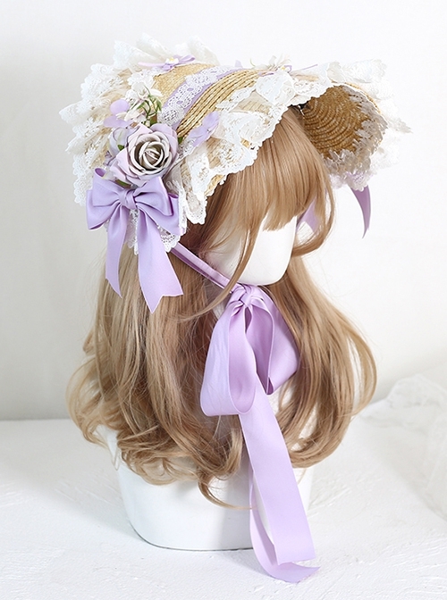 Bavaria Bonnet Pastoral Style Flower Bowknot Classic Lolita Elegant Lace Straw Weaving Flat Hat Bnt  |  Lolita Headbands