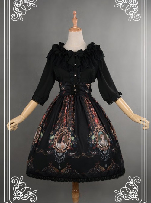 Be Obsessed With Rococo Series Black Retro Printing Classic Lolita Skirt  |  Skirts