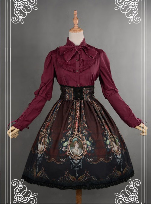 Be Obsessed With Rococo Series Wine Red Retro Printing Classic Lolita Skirt  |  Skirts