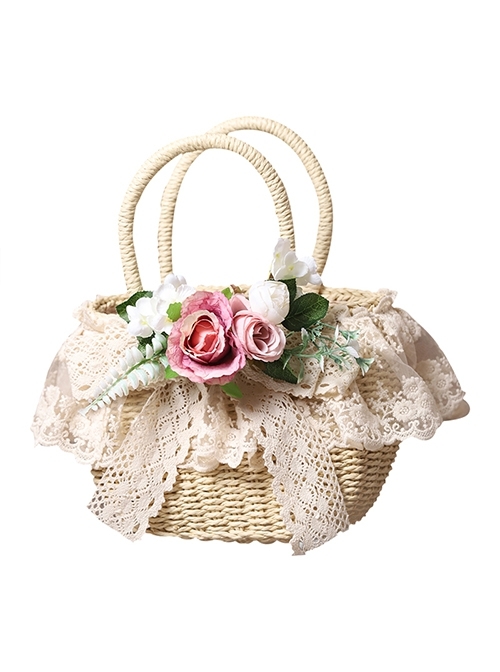 Beach Pastoral Style Soft Girl Lace Ribbon Bowknot Simulation Flower Plant Classic Lolita Straw Handbag  |  Lolita Bags