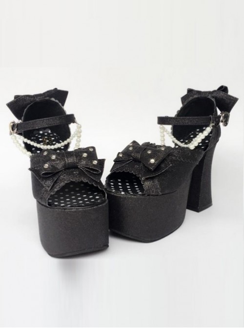 Bead Chain Black Sequins Bowknot Lolita Super High Heel Sandals  |  Lolita Sandals