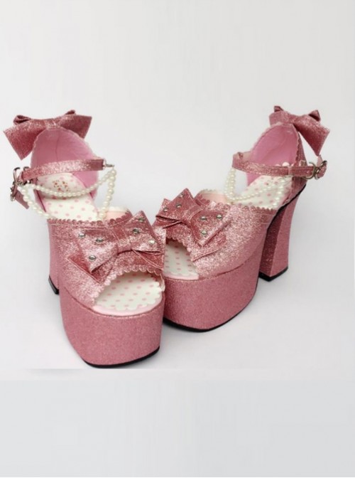 Bead Chain Pink Sequins Bowknot Lolita Super High Heel Sandals  |  Lolita Sandals