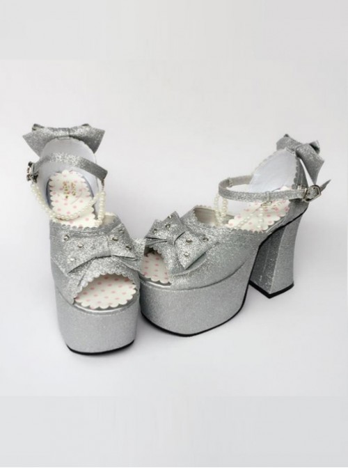 Bead Chain Silvery Sequins Bowknot Lolita Super High Heel Sandals  |  Lolita Sandals