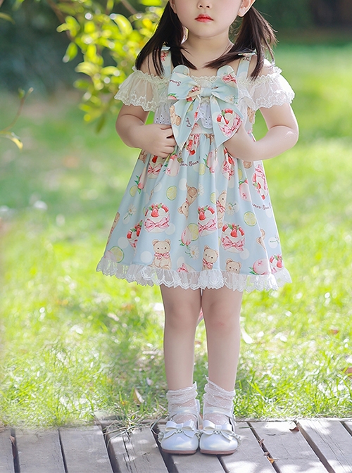 Bear Afternoon Tea Series Cute Sweet Strawberry Cake Print Jacquard Lace Hem Children Lolita Kids Sleeveless Princess Dress  |  Kids Dresses