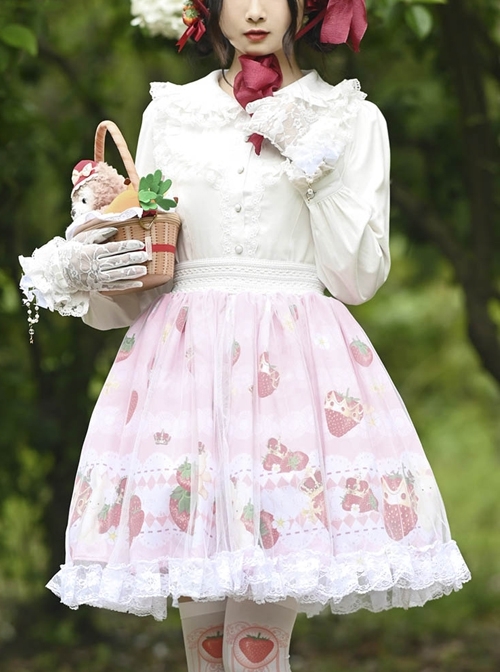 Bear Crown Cute Strawberry Flower Print Tulle Lace Ruffle Sweet Lolita Skirt  |  Skirts