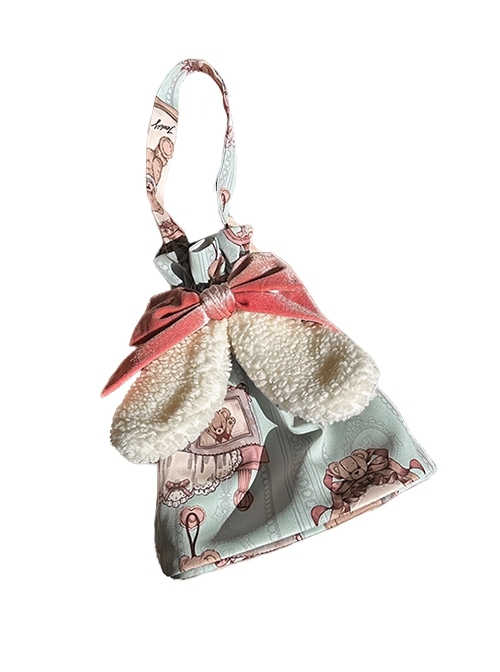 Bear Doll Wall Series Daily Pink Green Print Drawstring Cute Lamb Ear Bowknot Sweet Lolita Handbag  |  Lolita Bags