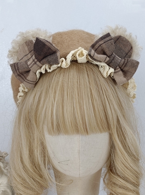 Bear Ears Bowknot Lace Decoration Preppy Style Classic Lolita Kids Berets  |  Lolita Headbands