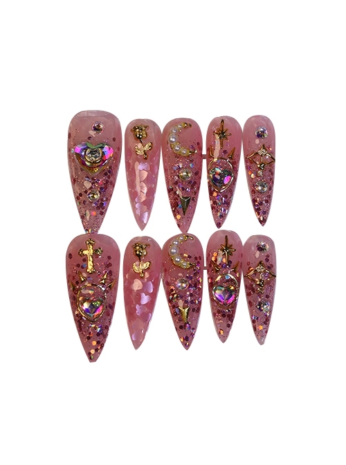 Beautiful Girl Colorful Love Golden Rose Rhinestone Sweet Water Drop Shape Detachable Finished Manicure Nail Pieces  |  Nails