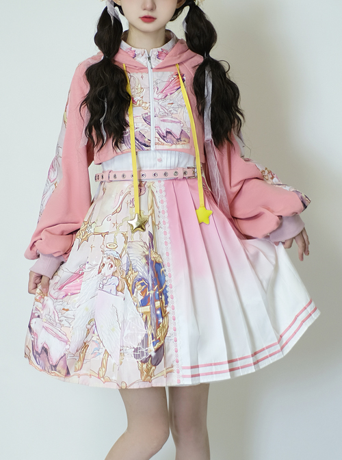 Beginning Of Sun And Moon Series JSK Cute Printing Sweet Lolita Pink Sling Dress And Hoodie Set  |  Sweet Lolita Dresses