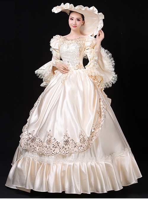 Beige Long Satin Delicate Lace Noble Elegant Royal Aristocratic Retro Court Prom Long Sleeve Dress  |  Lolita Prom Dresses