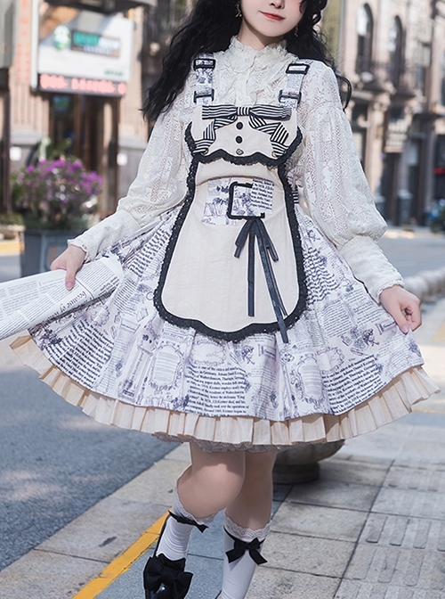 Berlin Daily Series Vintage Newspaper Print Detachable Apron Panel Lace Classic Lolita Sleeveless Dress  |  Classic Lolita Dresses