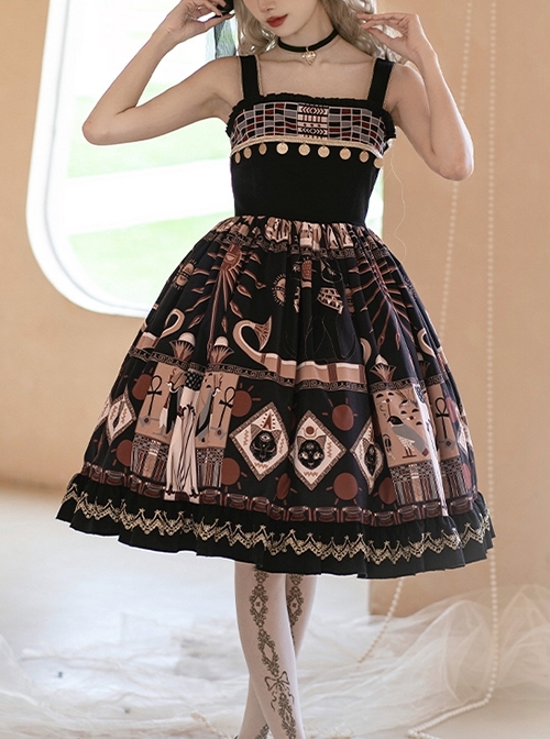 Best Wishes Series Egyptian Totem Sun Temple Golden Flake Pharaonic Cat Elements Black Classic Lolita Sleeveless Dress JSK  |  Classic Lolita Dresses